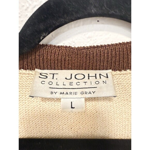 ST. JOHN BY MARIE GRAY SANTANA KNIT IVORY AND BROWN TRIM CARDIGAN SWEATER Sz L - Picture 3 of 10